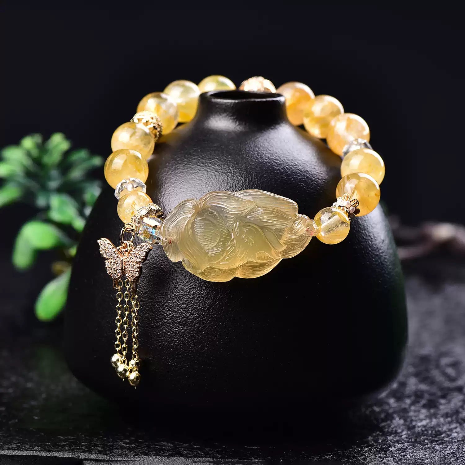 Natural Golden Rutilated Quartz Nine-Tailed Fox Bracelet Wealth Energy & Spiritual Protection Amulet