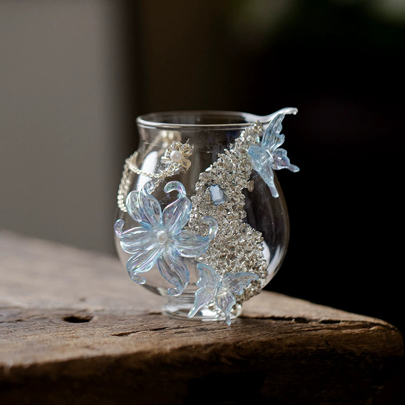 Handmade Flower & Butterfly Glass Fair Cup  Heat-Resistant Borosilicate Tea Pitcher  Crystal Floral Art Tea Sharing Cup