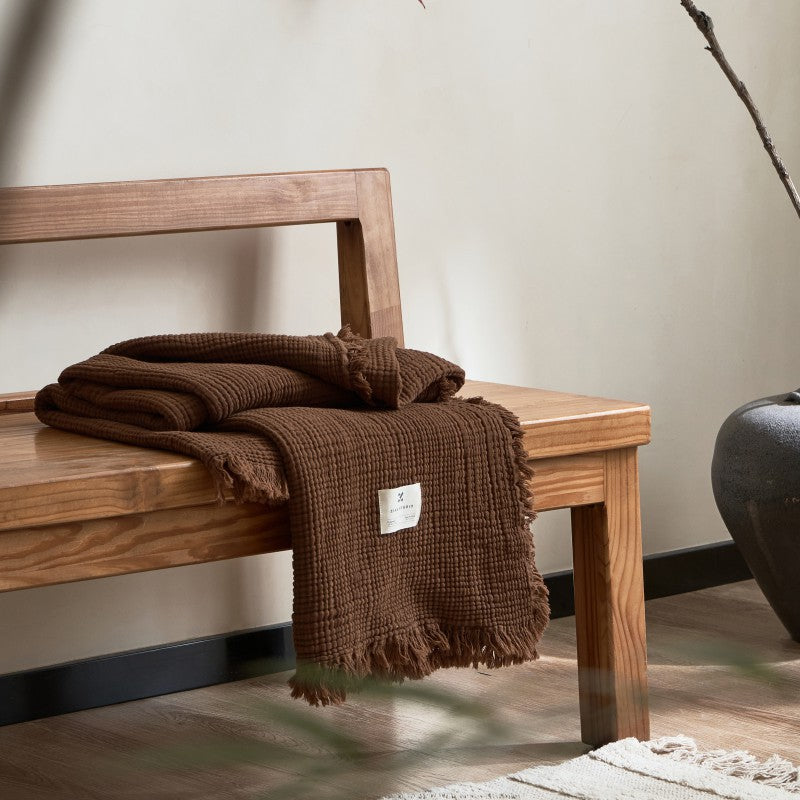 Vintage Solid Color Cotton Gauze Throw Blanket – 4-Layer Soft Fringed Blanket for Sofa & Nap