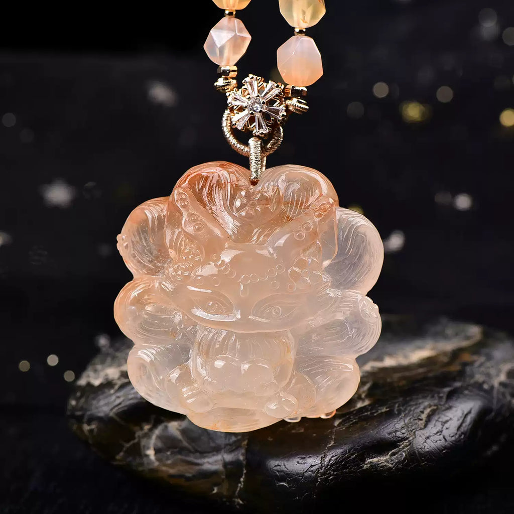 Natural Red Fluorite Nine-Tailed Fox Pendant Hand-Carved Crystal Fox Necklace