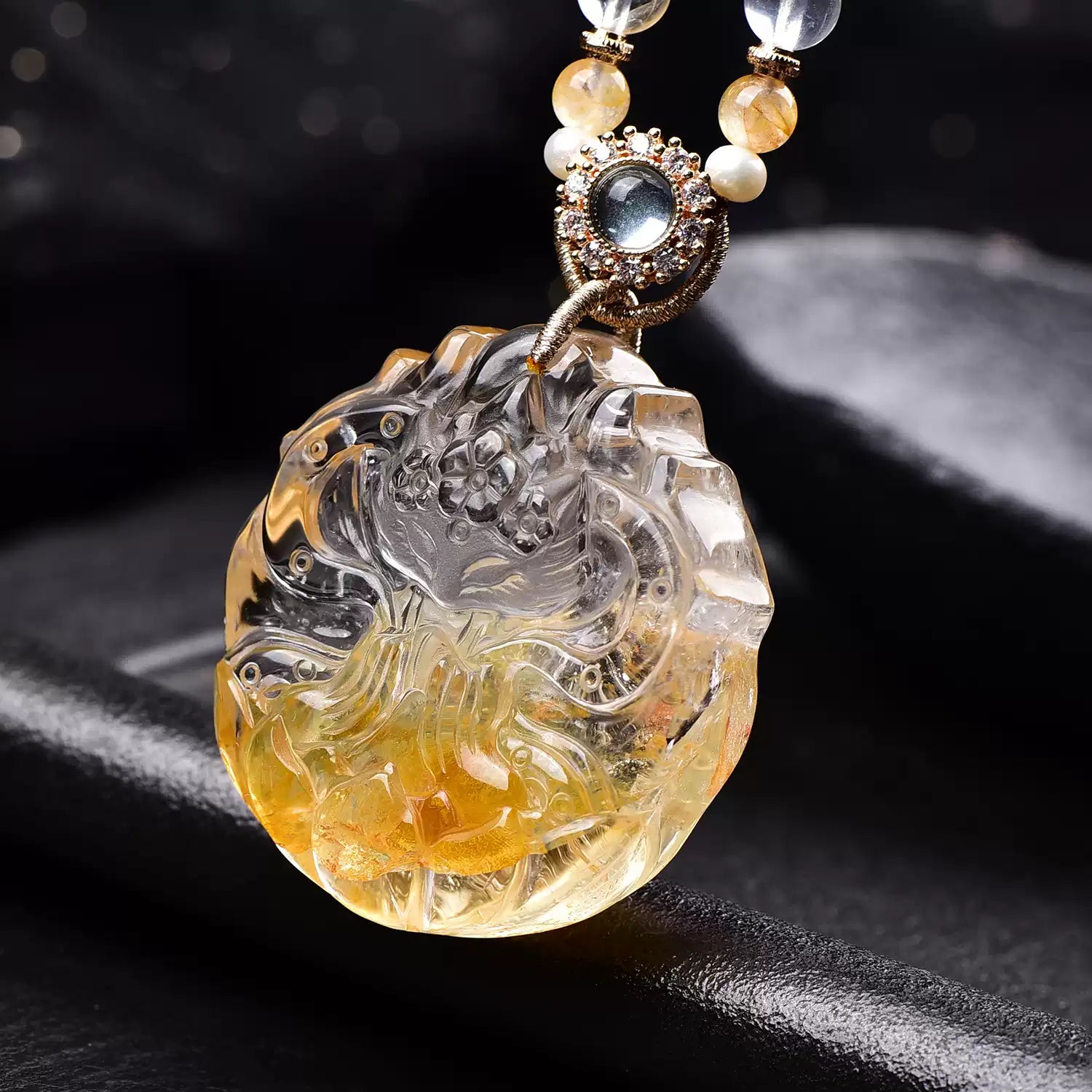 Natural Yellow Fluorite Nine-Tailed Fox Pendant  Hand-Carved Crystal Fox Necklace