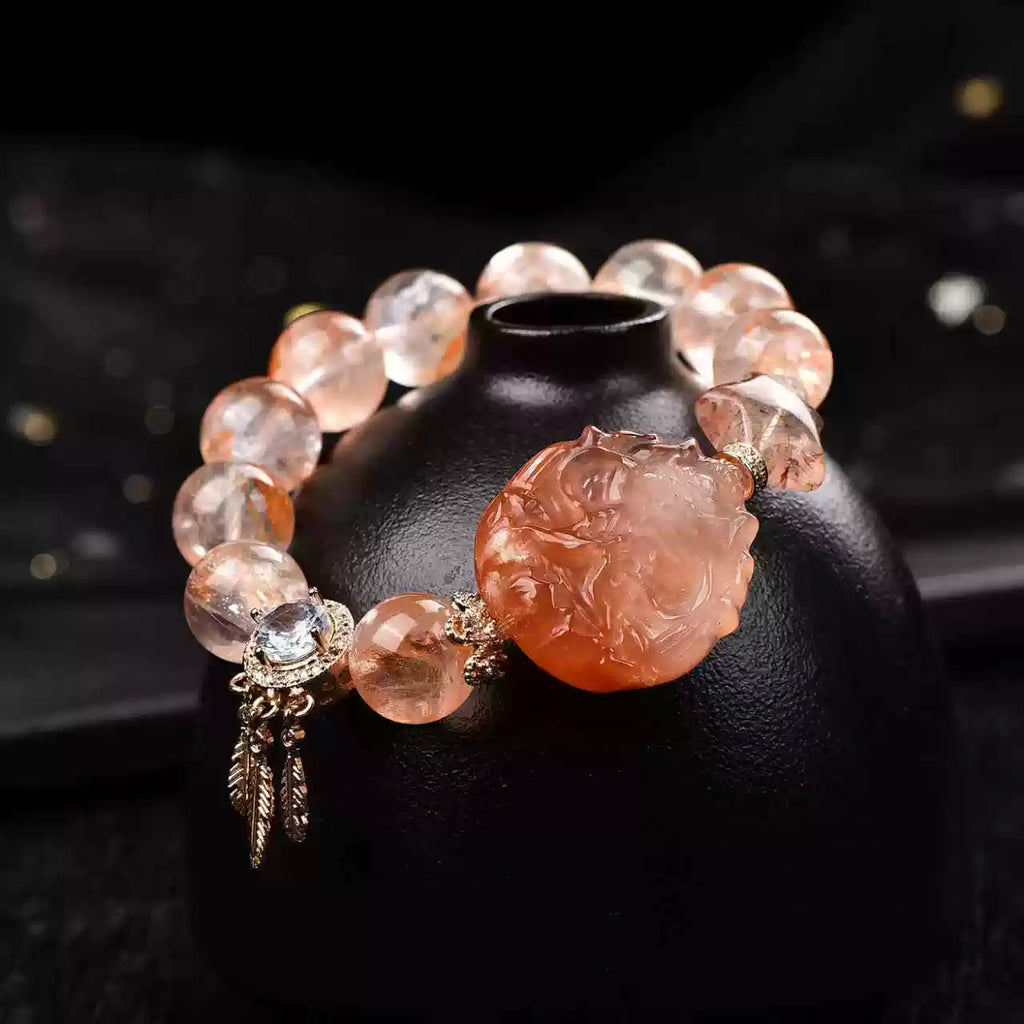 Natural Red Rutilated Quartz Nine-Tailed Fox Bracelet Love Energy & Spiritual Protection Amulet