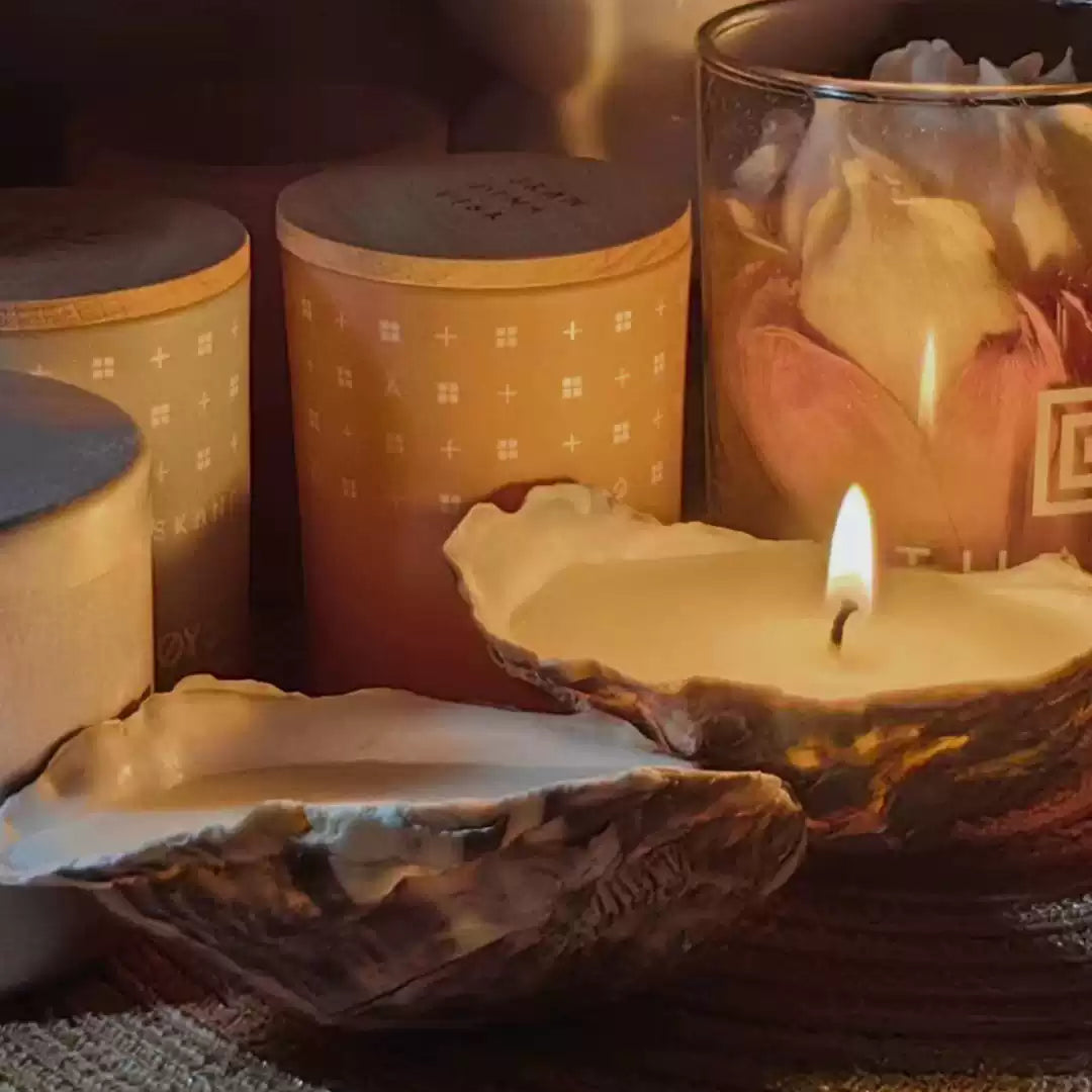 TRACY WANG Artisan Oyster Shell Candle – Natural Soy & Coconut Wax Hand-Poured Gift Candle with Matches & Cloth Bag