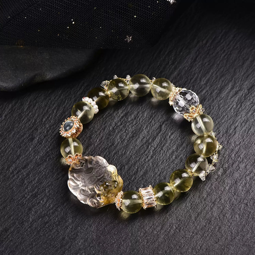 Natural Yellow Fluorite Nine-Tailed Fox Bracelet Handcrafted Crystal Fox Bead Bracelet