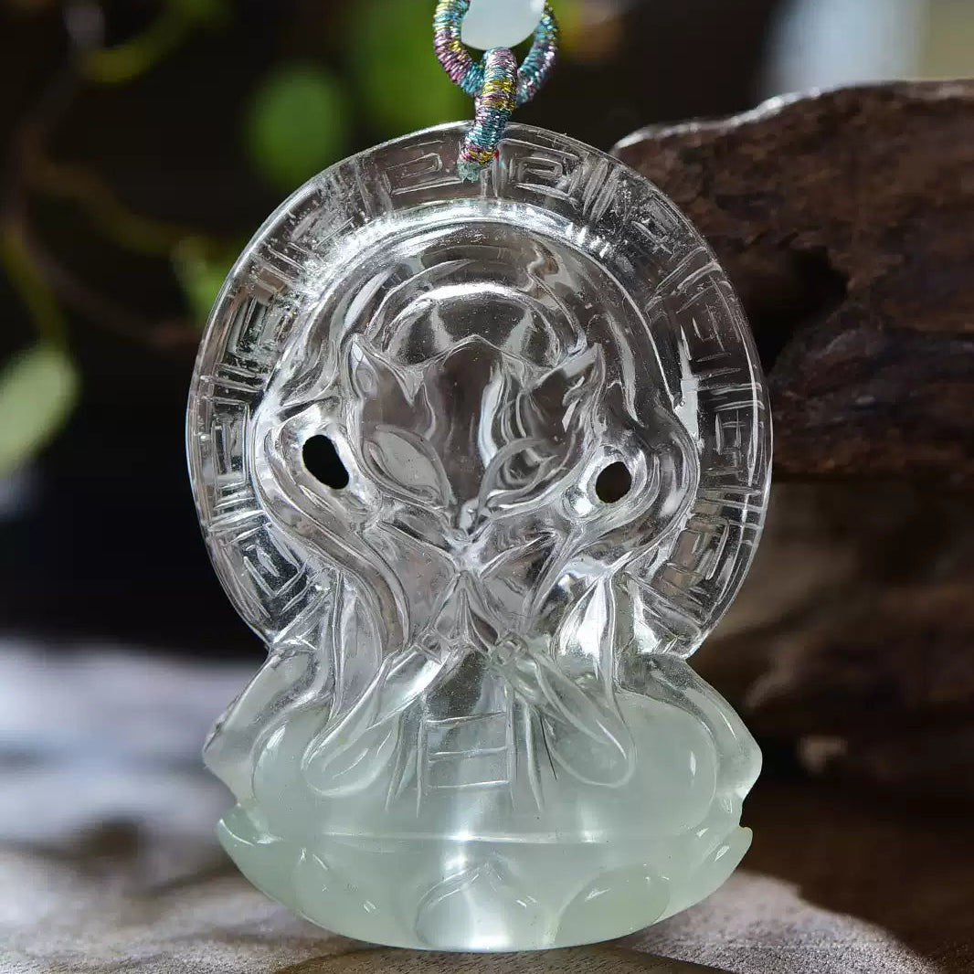 Natural Green Phantom Quartz Nine-Tailed Fox Pendant Hand-Carved Crystal Fox Necklace