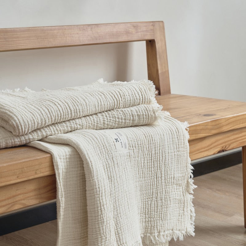 Vintage Solid Color Cotton Gauze Throw Blanket – 4-Layer Soft Fringed Blanket for Sofa & Nap