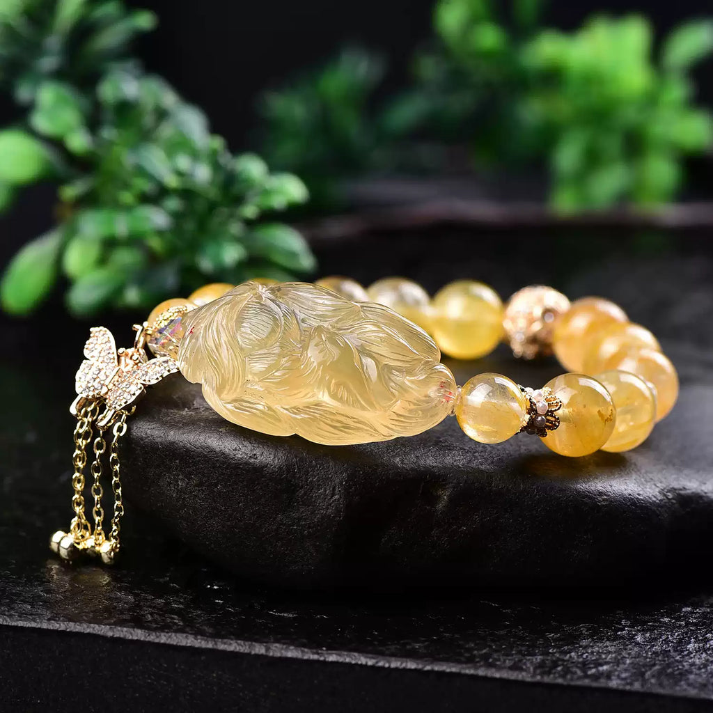 Natural Golden Rutilated Quartz Nine-Tailed Fox Bracelet Wealth Energy & Spiritual Protection Amulet