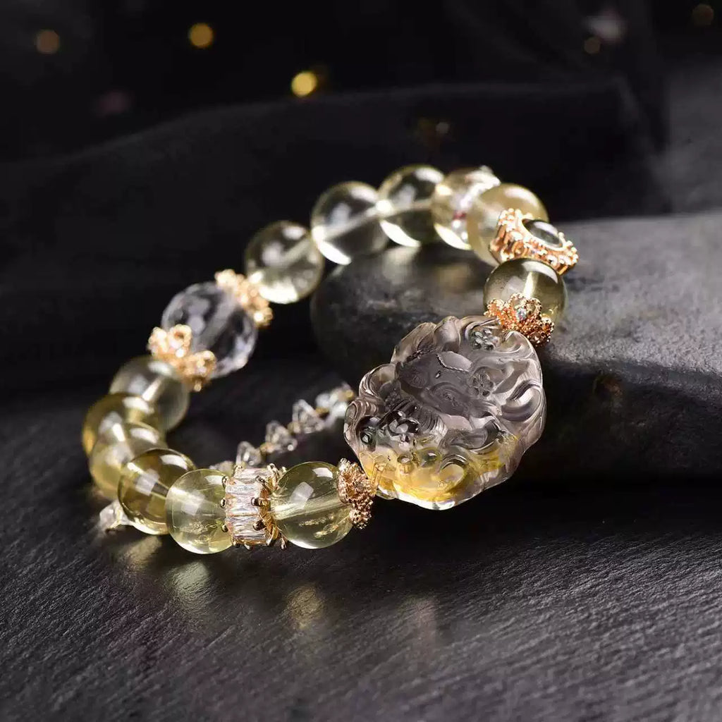 Natural Yellow Fluorite Nine-Tailed Fox Bracelet Handcrafted Crystal Fox Bead Bracelet