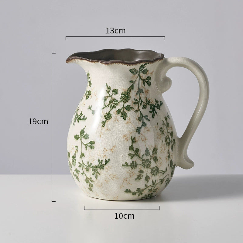 Vintage Crackle-Glaze Ceramic Pitcher Vase – Rustic Farmhouse Botanical Decor