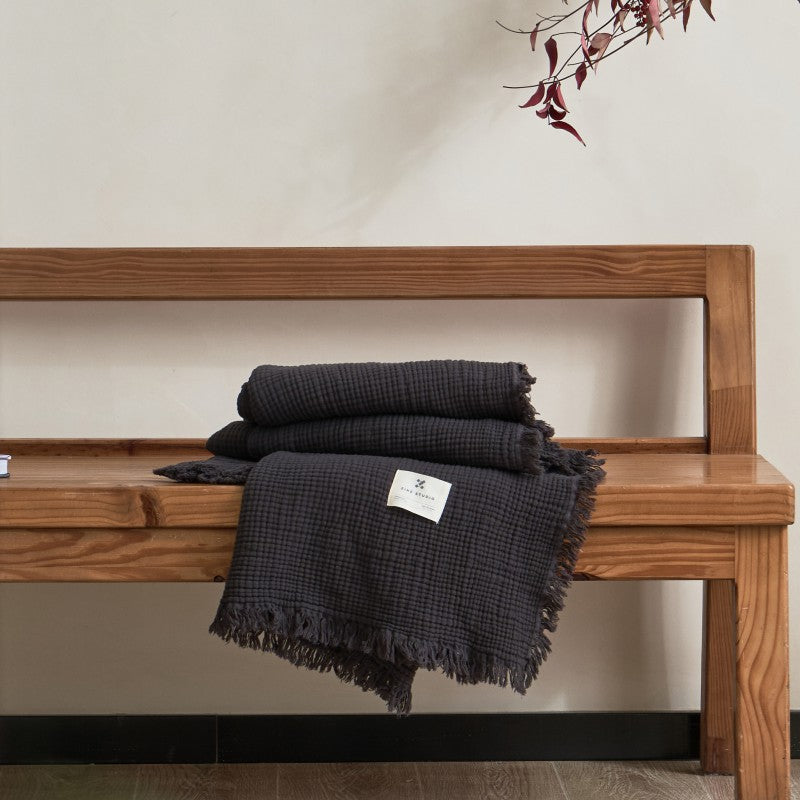 Vintage Solid Color Cotton Gauze Throw Blanket – 4-Layer Soft Fringed Blanket for Sofa & Nap