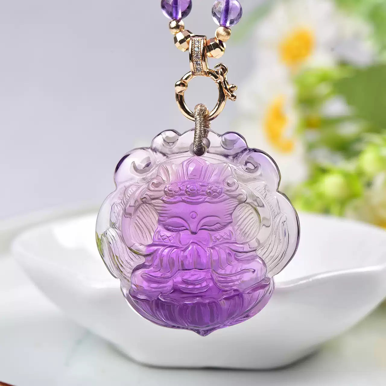 Natural Amethyst Nine-Tailed Fox Pendant Hand-Carved Purple Crystal Fox Necklace