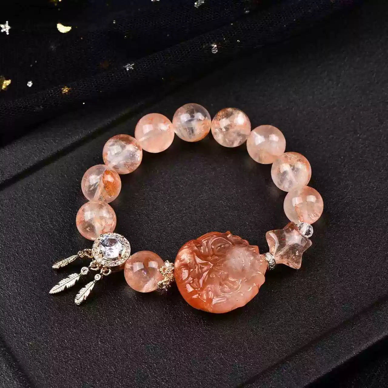 Natural Red Rutilated Quartz Nine-Tailed Fox Bracelet Love Energy & Spiritual Protection Amulet