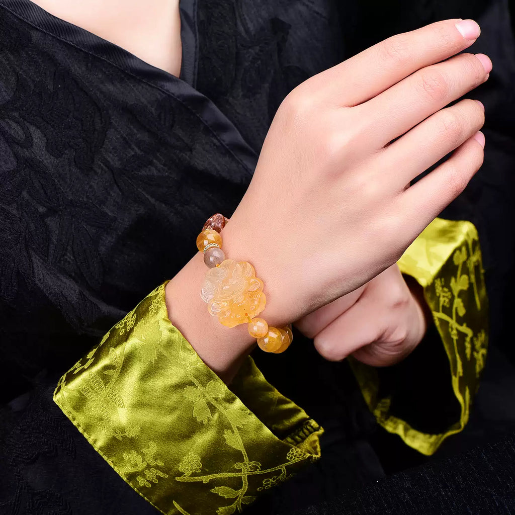 Natural Yellow Fluorite Nine-Tailed Fox Bracelet Handcrafted Crystal Fox Bead Bracelet