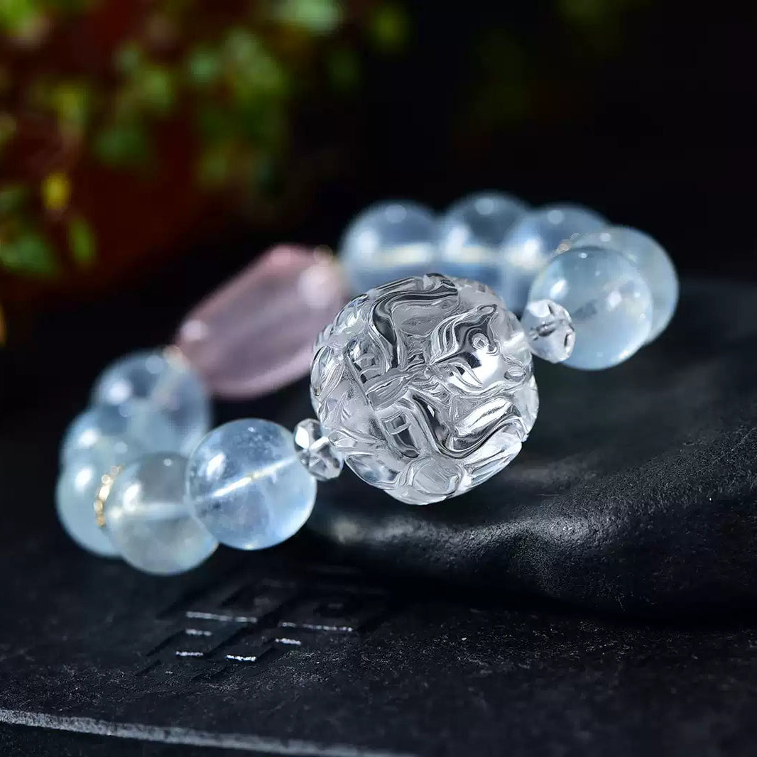 Natural Clear Quartz & Aquamarine Nine-Tailed Fox Bracelet Healing, Clarity & Spiritual Protection Amulet