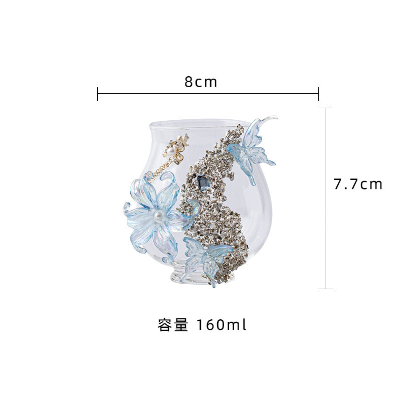 Handmade Flower & Butterfly Glass Fair Cup  Heat-Resistant Borosilicate Tea Pitcher  Crystal Floral Art Tea Sharing Cup
