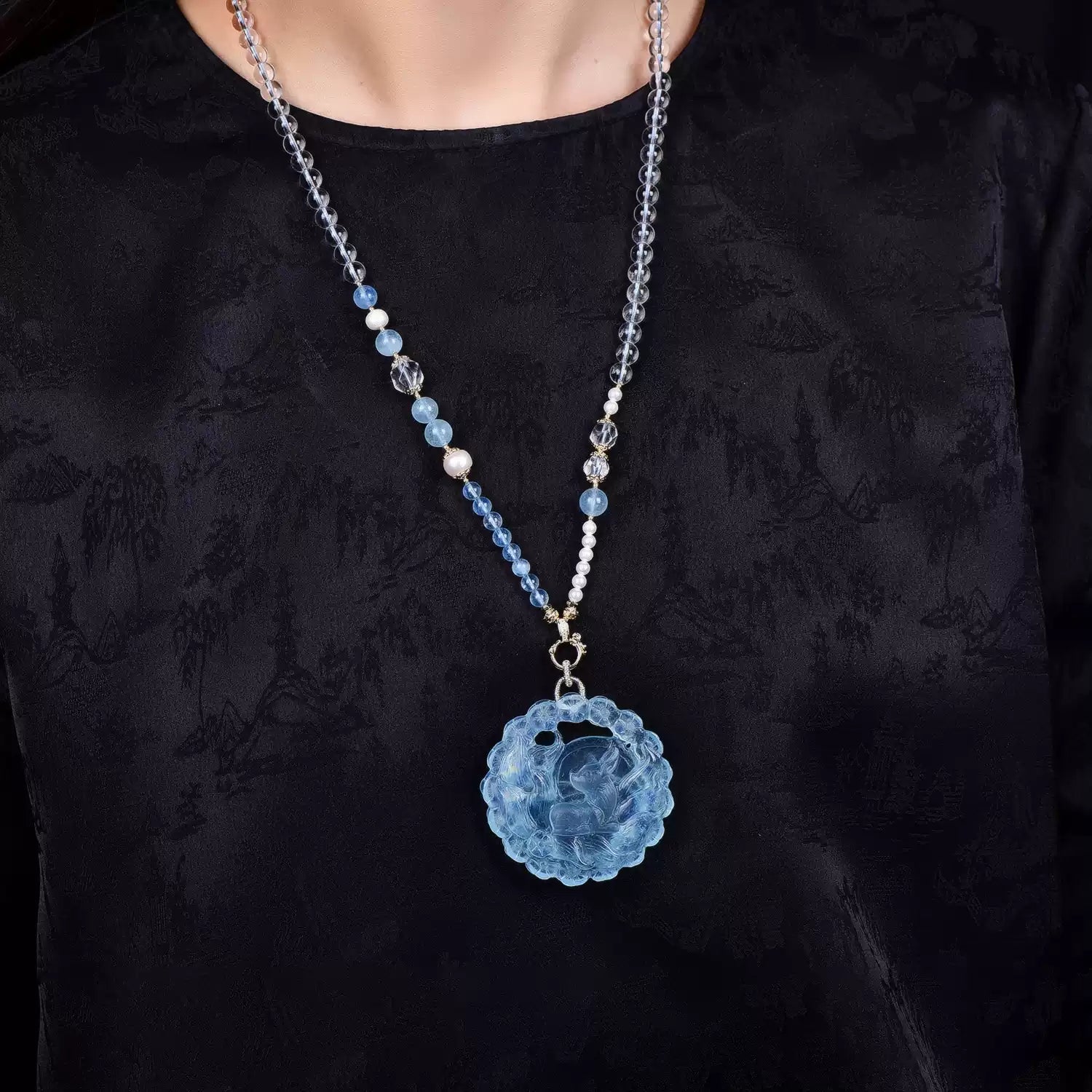 Natural Aquamarine Nine-Tailed Fox Pendant Hand-Carved Crystal Fox Necklace