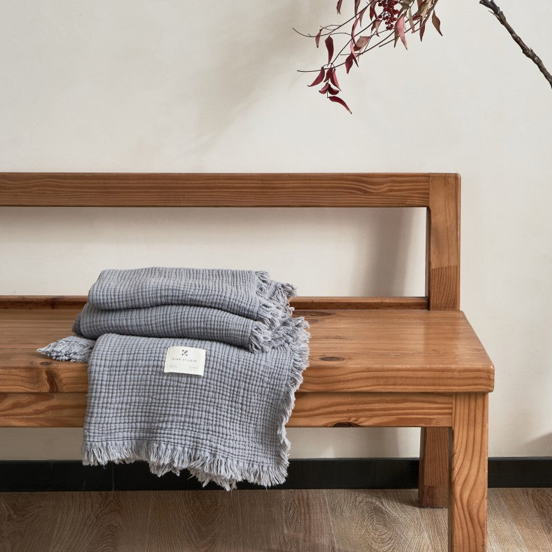 Vintage Solid Color Cotton Gauze Throw Blanket – 4-Layer Soft Fringed Blanket for Sofa & Nap