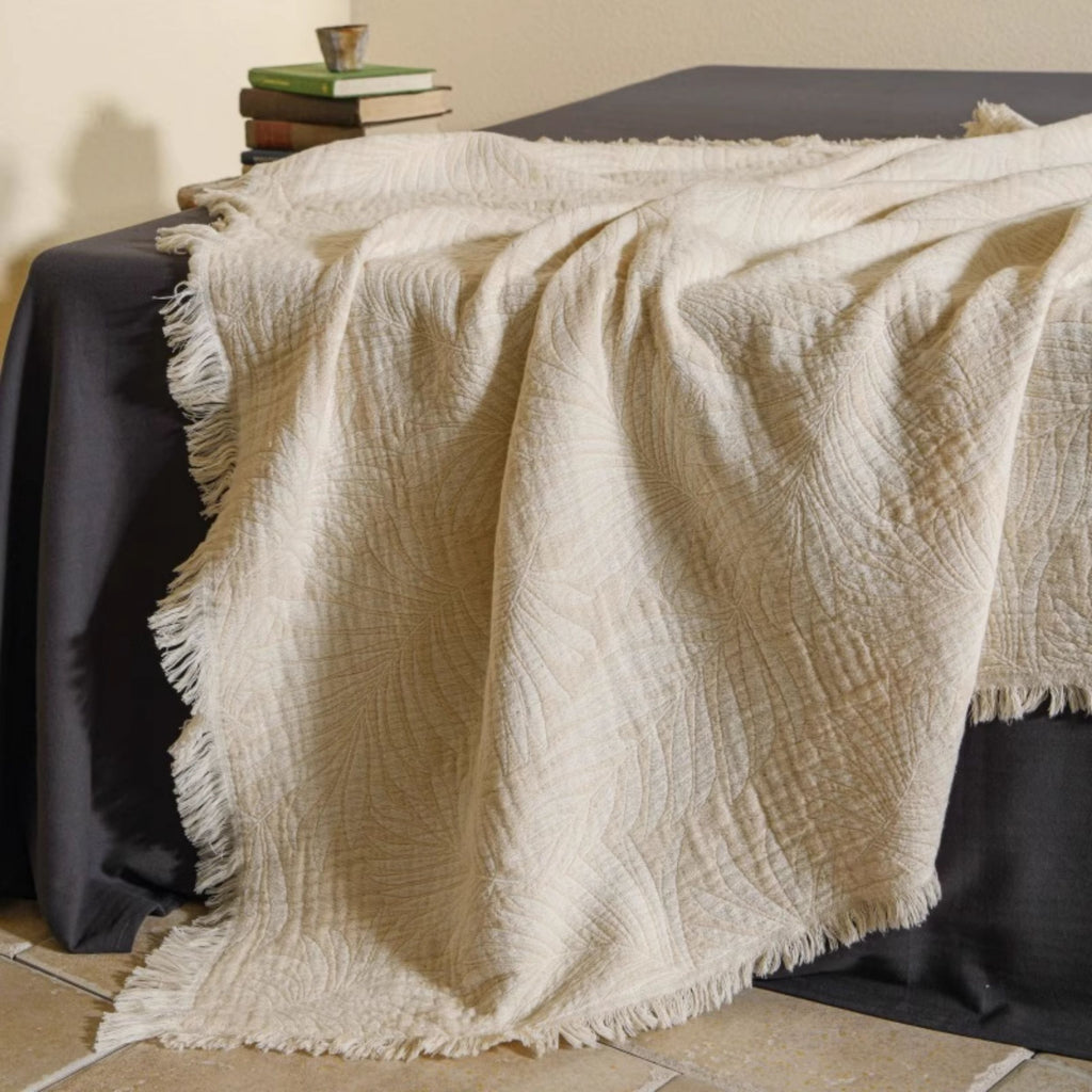 Vintage Minimalist Cotton Gauze Throw Blanket – Textured Jacquard with Fringes for Sofa & Bed