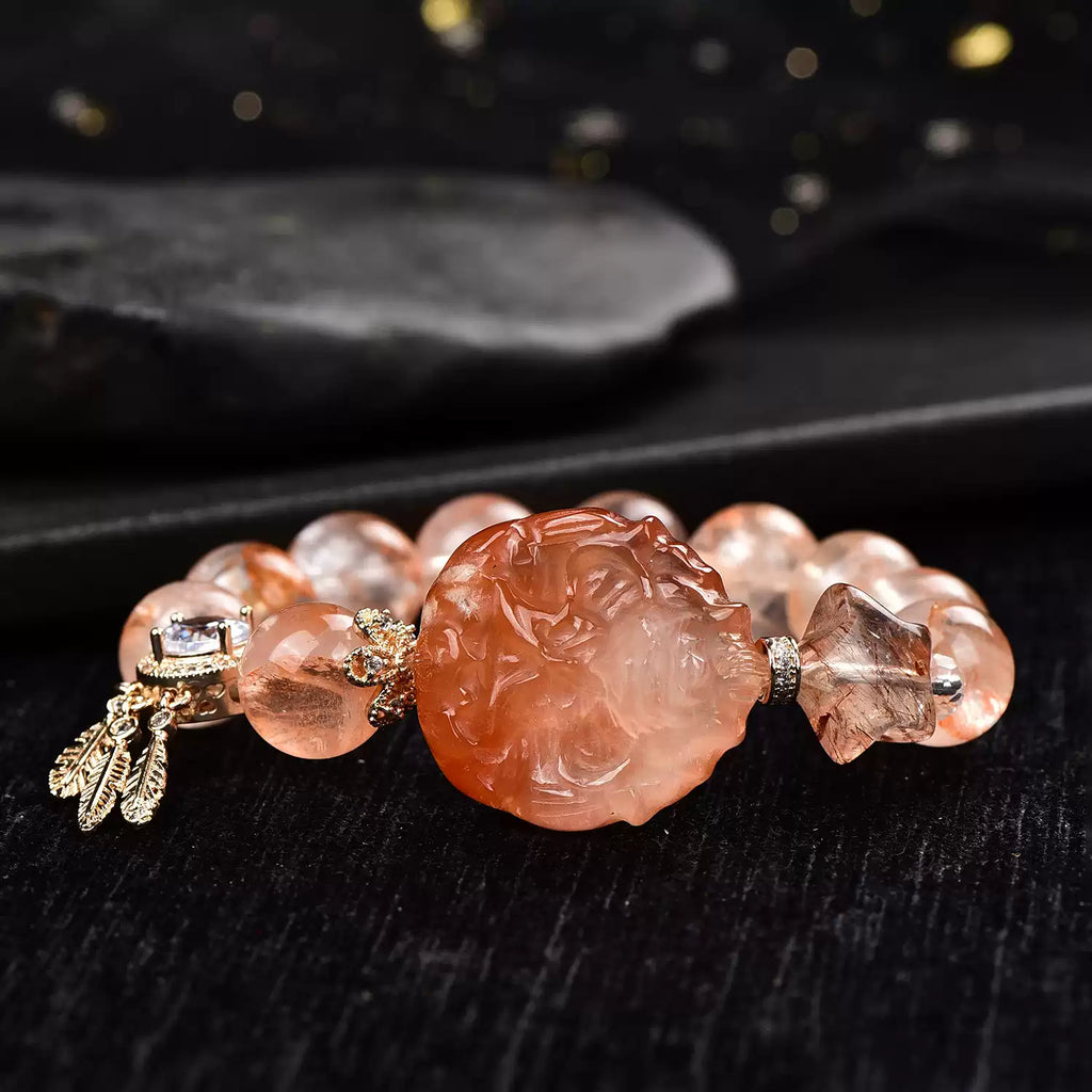 Natural Red Rutilated Quartz Nine-Tailed Fox Bracelet Love Energy & Spiritual Protection Amulet