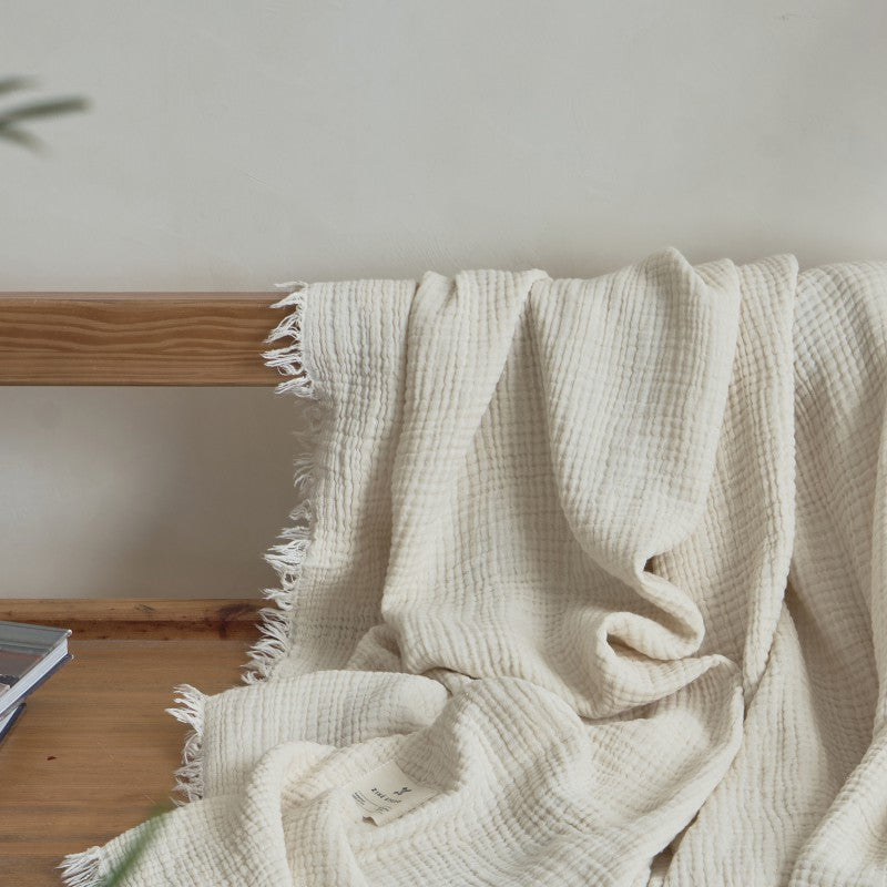 Vintage Solid Color Cotton Gauze Throw Blanket – 4-Layer Soft Fringed Blanket for Sofa & Nap
