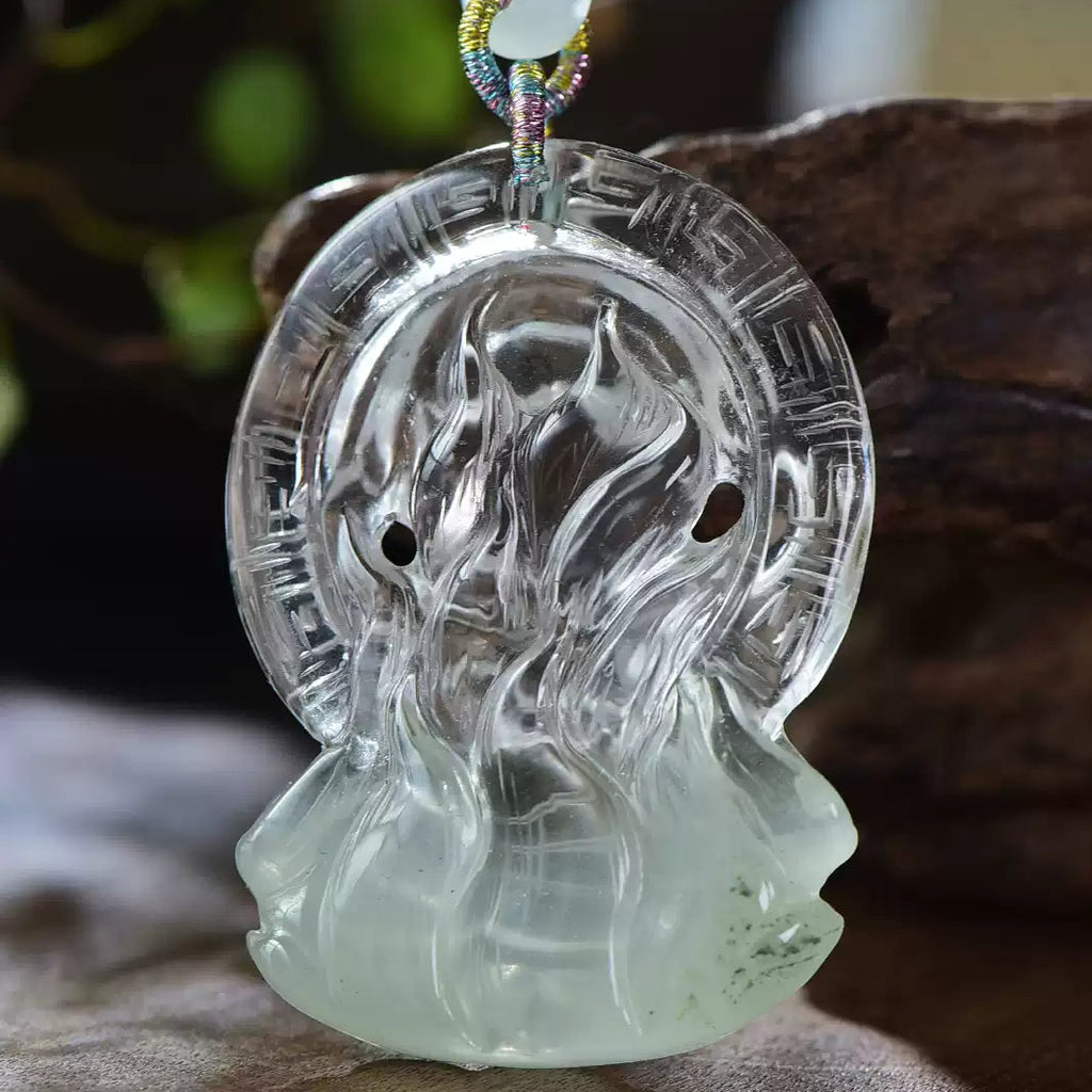 Natural Green Phantom Quartz Nine-Tailed Fox Pendant Hand-Carved Crystal Fox Necklace