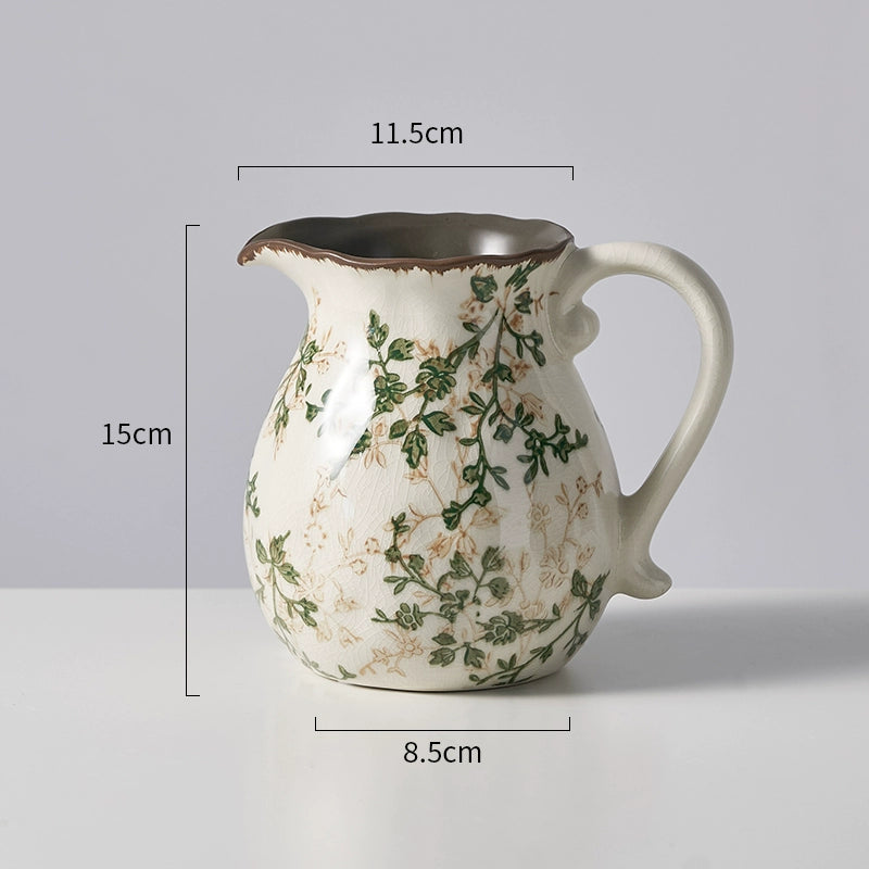 Vintage Crackle-Glaze Ceramic Pitcher Vase – Rustic Farmhouse Botanical Decor