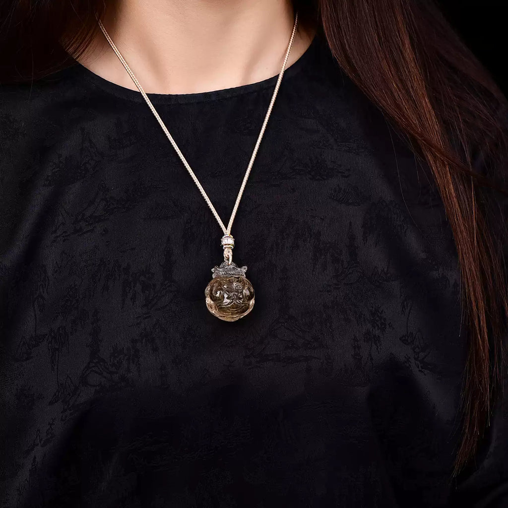 Natural Golden Rutilated Quartz Nine-Tailed Fox Pendant Hand-Carved Smoky Quartz Fox Necklace