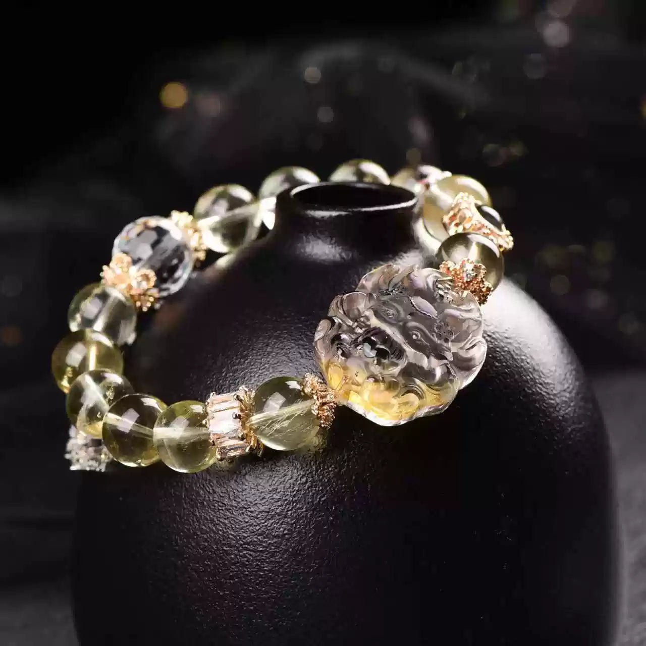 Natural Yellow Fluorite Nine-Tailed Fox Bracelet Handcrafted Crystal Fox Bead Bracelet