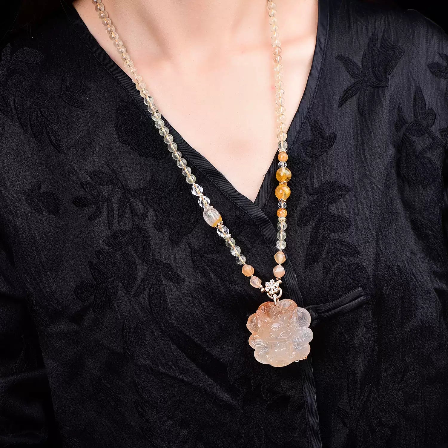 Natural Red Fluorite Nine-Tailed Fox Pendant Hand-Carved Crystal Fox Necklace