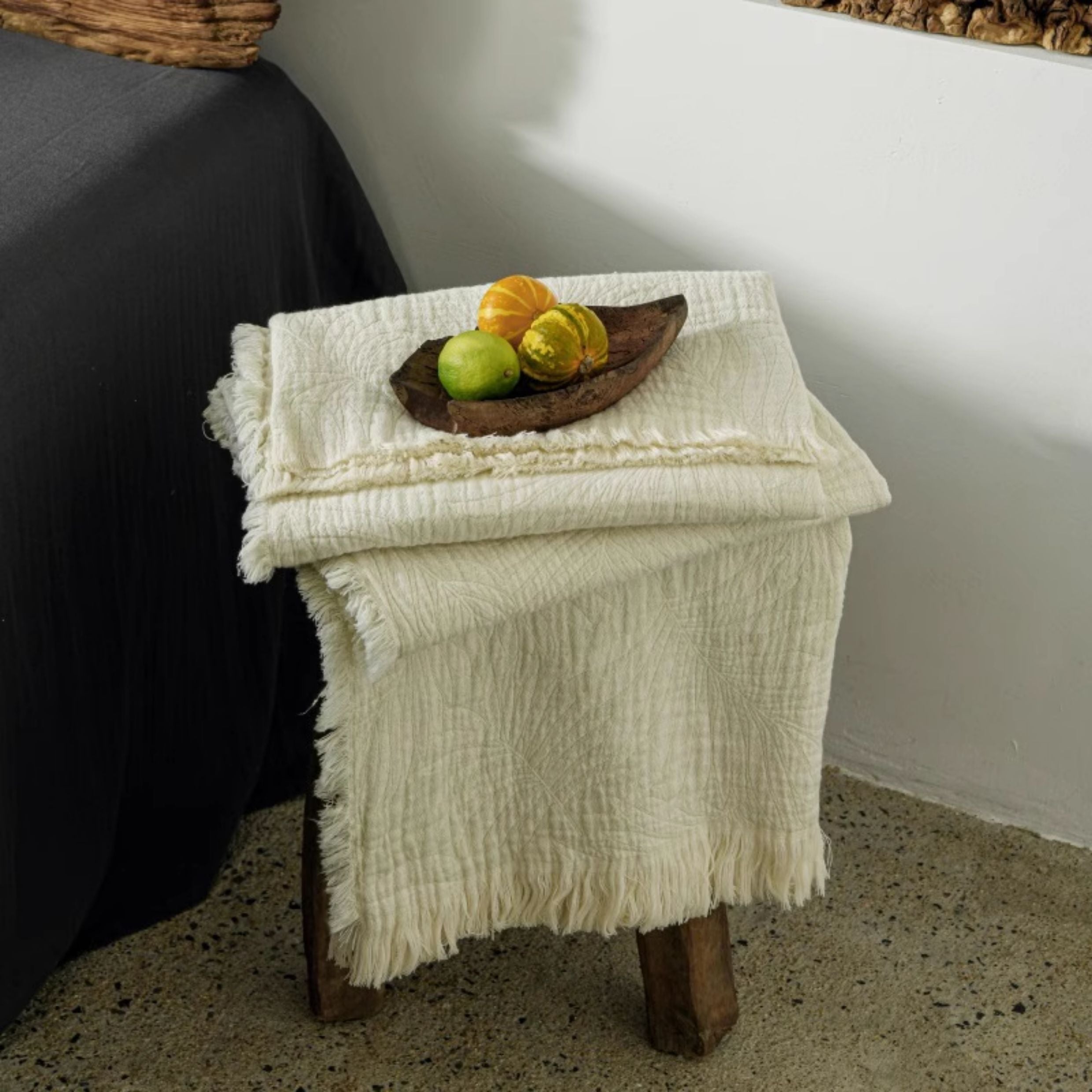 Vintage Minimalist Cotton Gauze Throw Blanket – Textured Jacquard with Fringes for Sofa & Bed