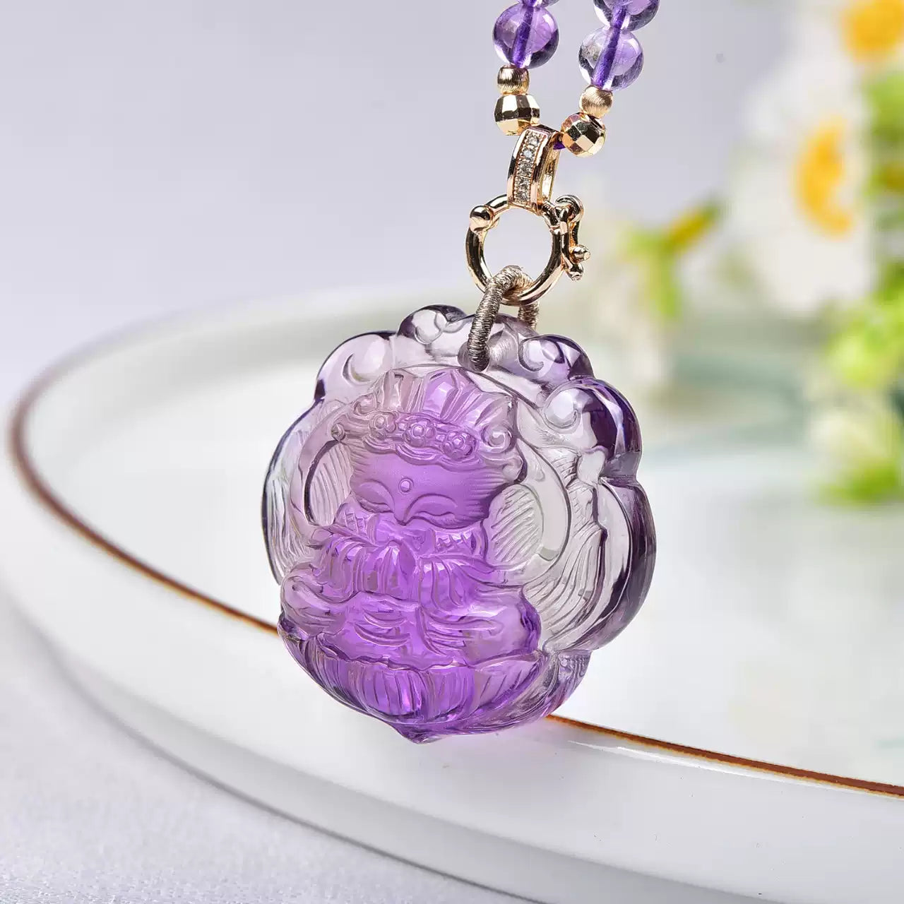 Natural Amethyst Nine-Tailed Fox Pendant Hand-Carved Purple Crystal Fox Necklace