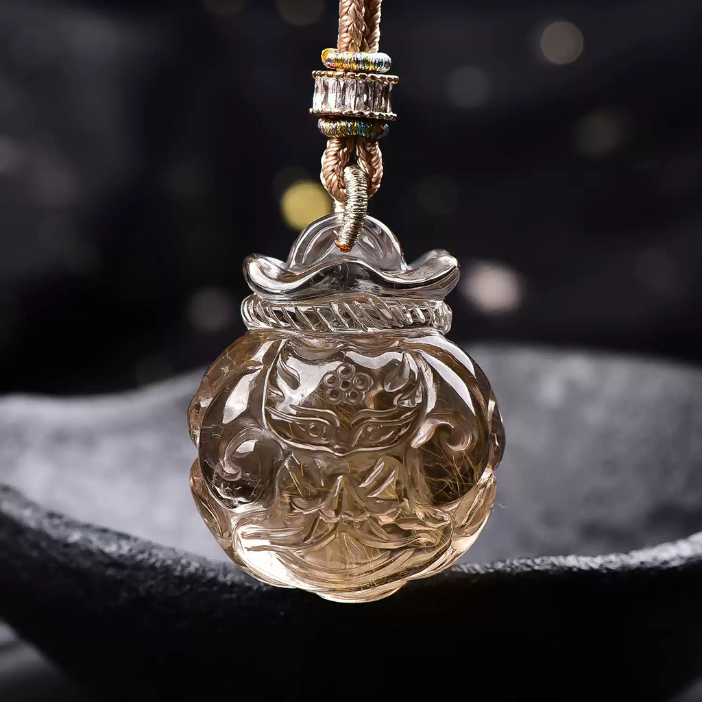 Natural Golden Rutilated Quartz Nine-Tailed Fox Pendant Hand-Carved Smoky Quartz Fox Necklace