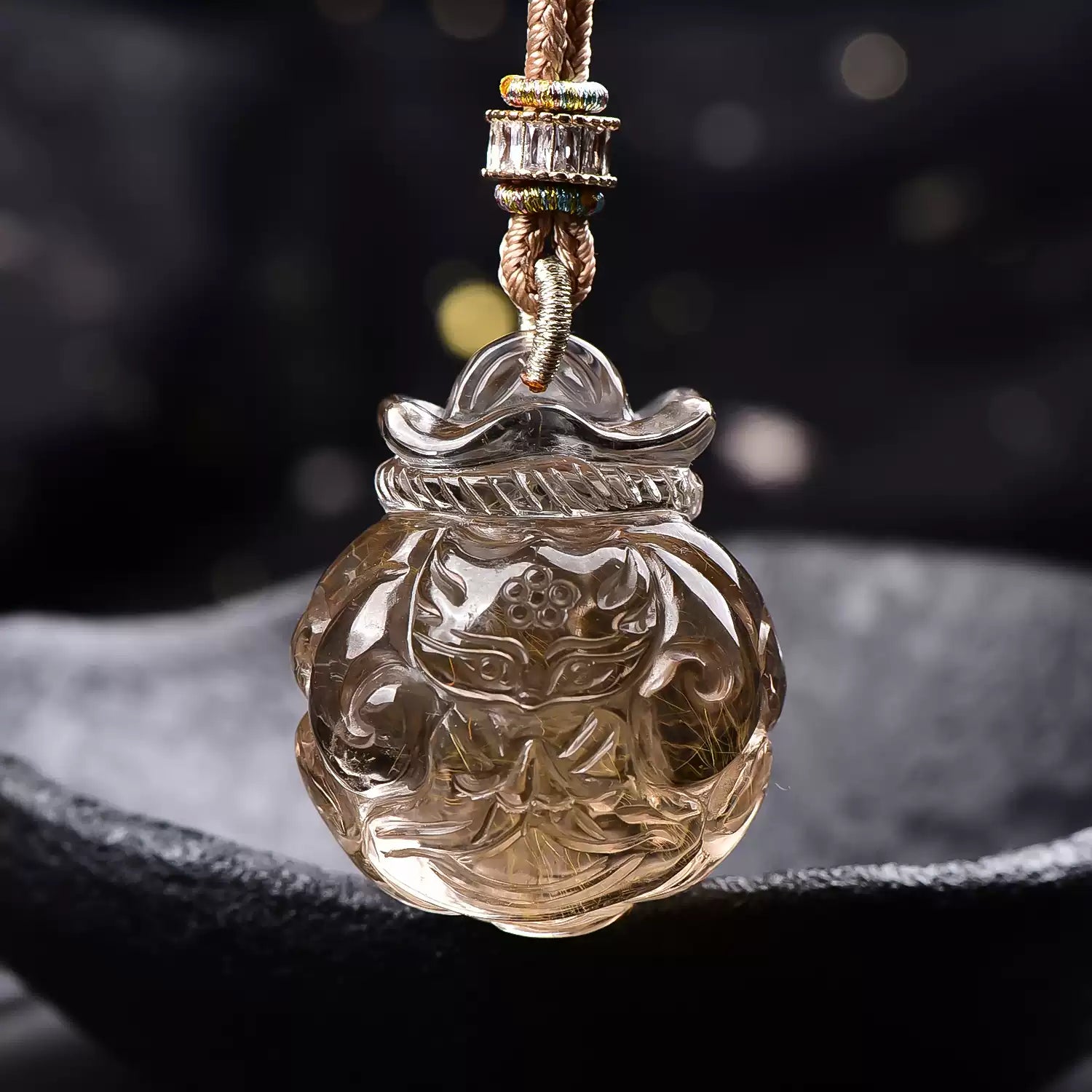 Natural Golden Rutilated Quartz Nine-Tailed Fox Pendant Hand-Carved Smoky Quartz Fox Necklace