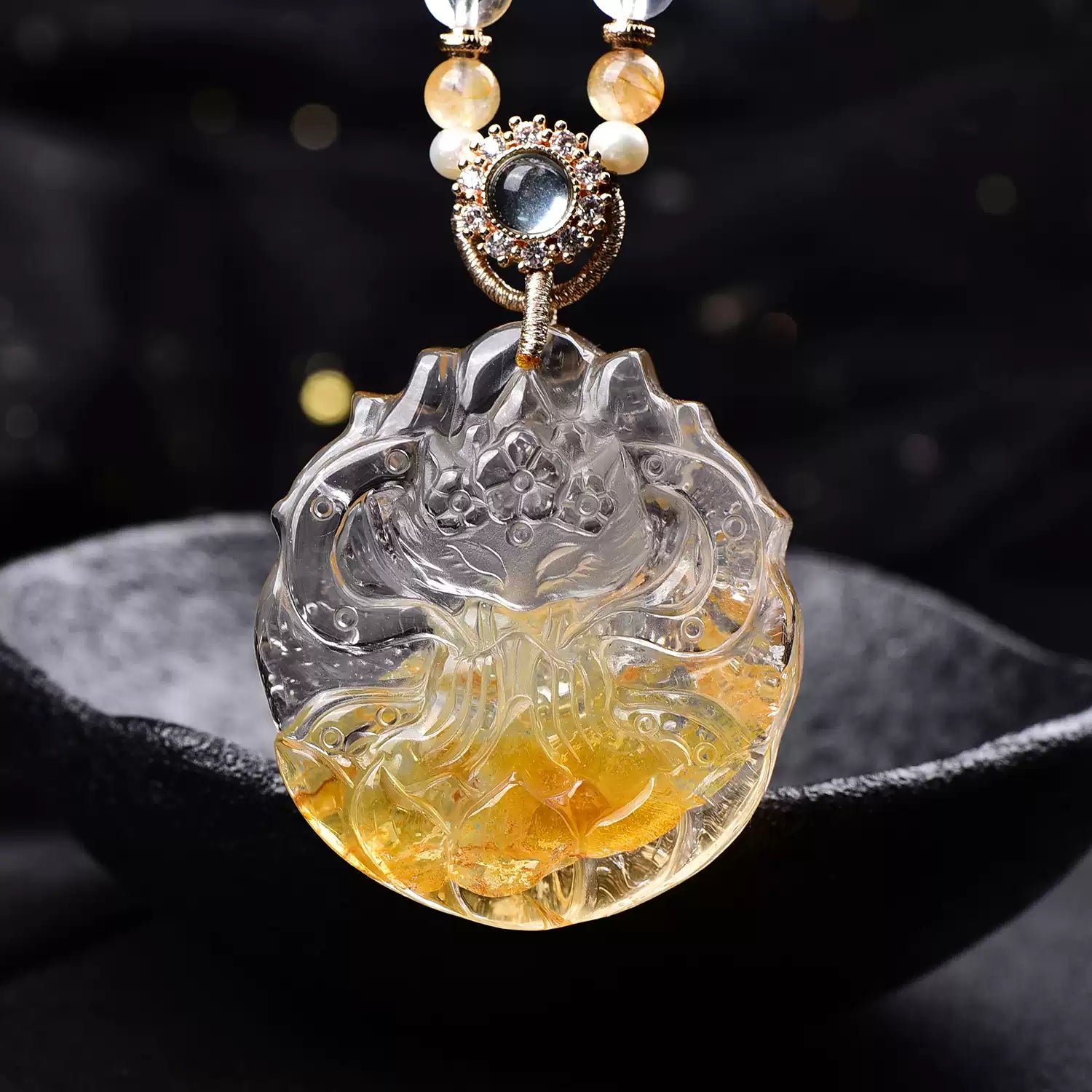 Natural Yellow Fluorite Nine-Tailed Fox Pendant  Hand-Carved Crystal Fox Necklace