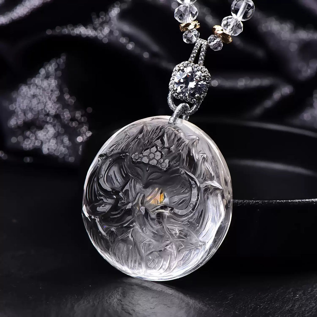 Natural Rainbow Fluorite Nine-Tailed Fox Pendant Hand-Carved Multicolor Crystal Fox Necklace