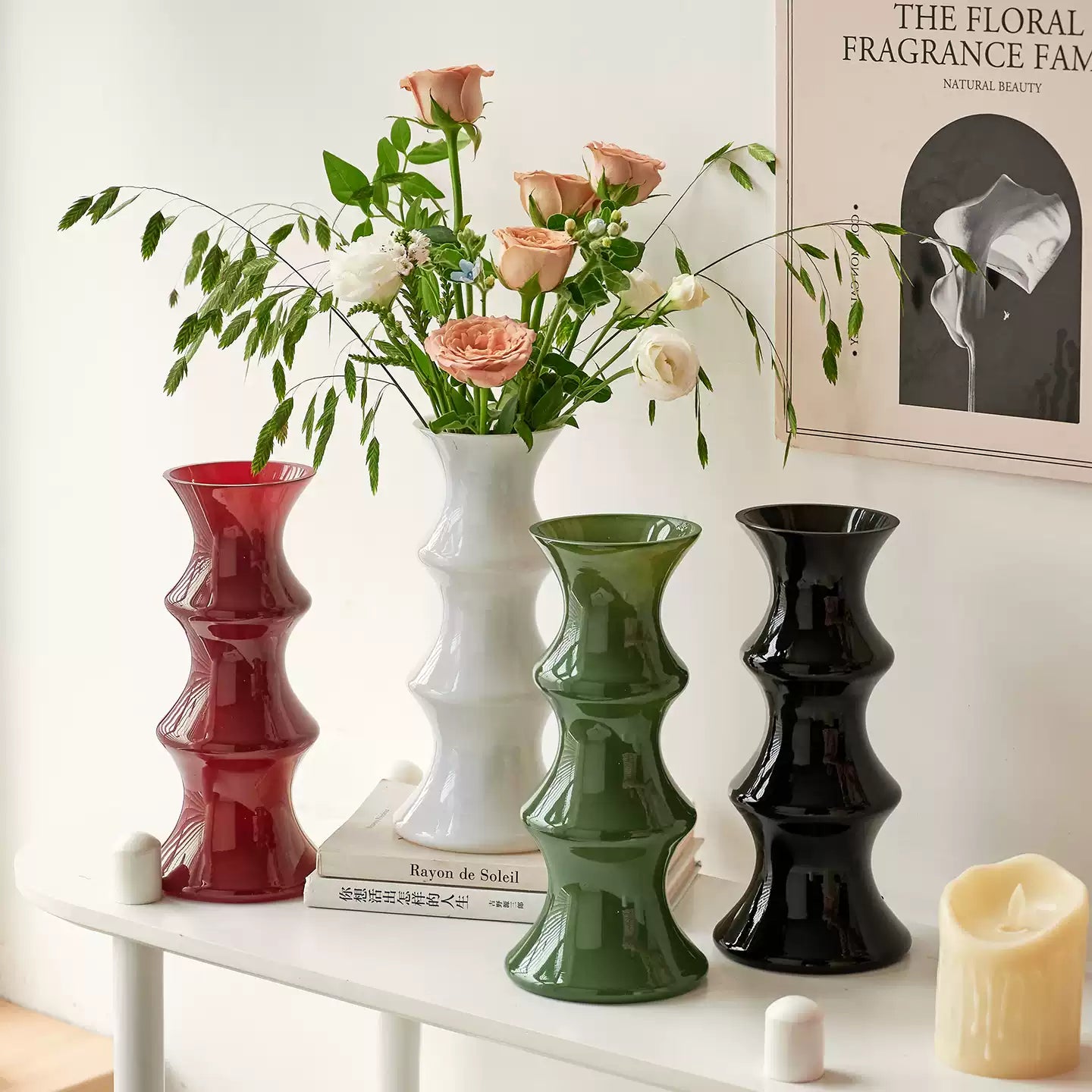 Luxury Bamboo-Textured Glass Vase  Modern Home Decor Centerpiece  Handmade Floral Arrangement Vase (4 Colors)