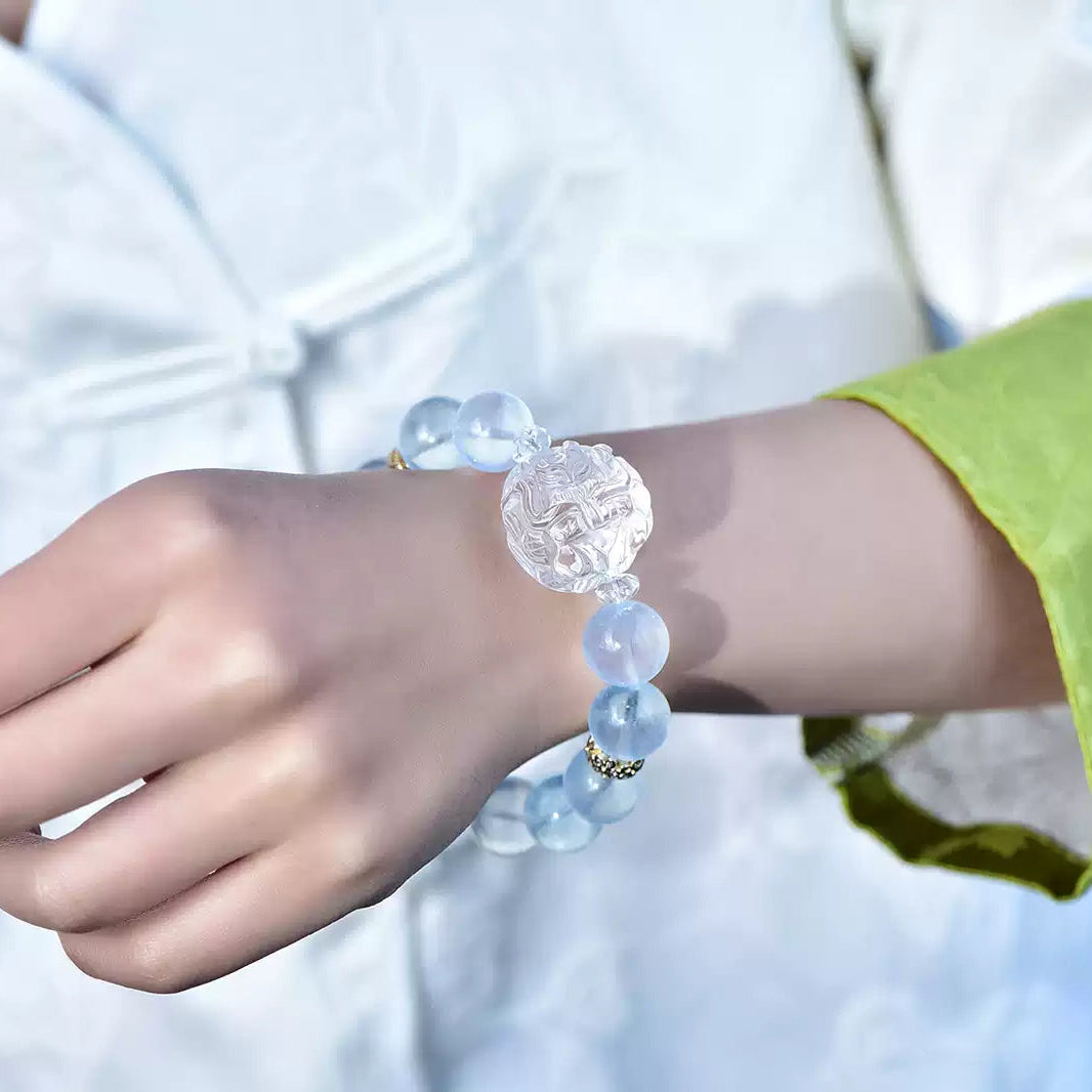 Natural Clear Quartz & Aquamarine Nine-Tailed Fox Bracelet Healing, Clarity & Spiritual Protection Amulet
