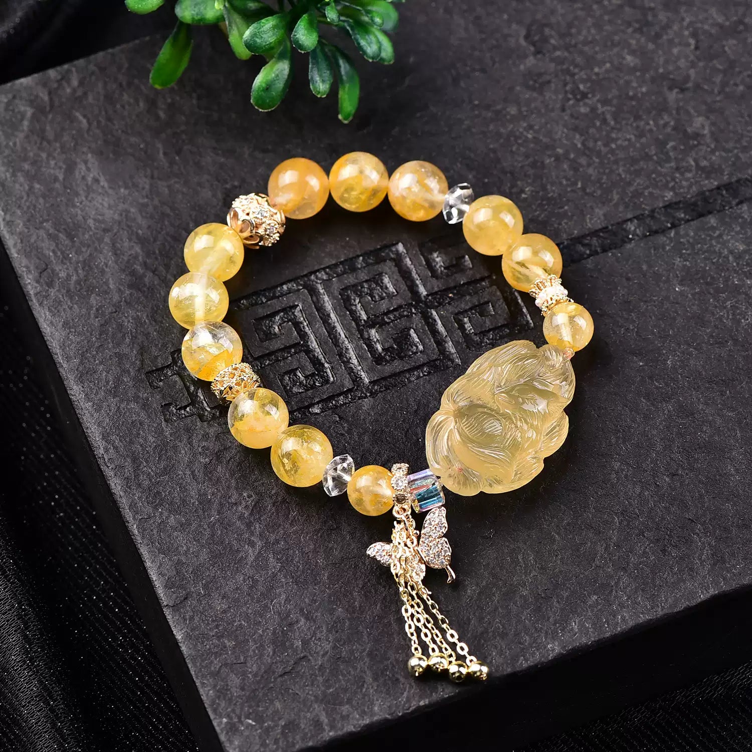 Natural Golden Rutilated Quartz Nine-Tailed Fox Bracelet Wealth Energy & Spiritual Protection Amulet