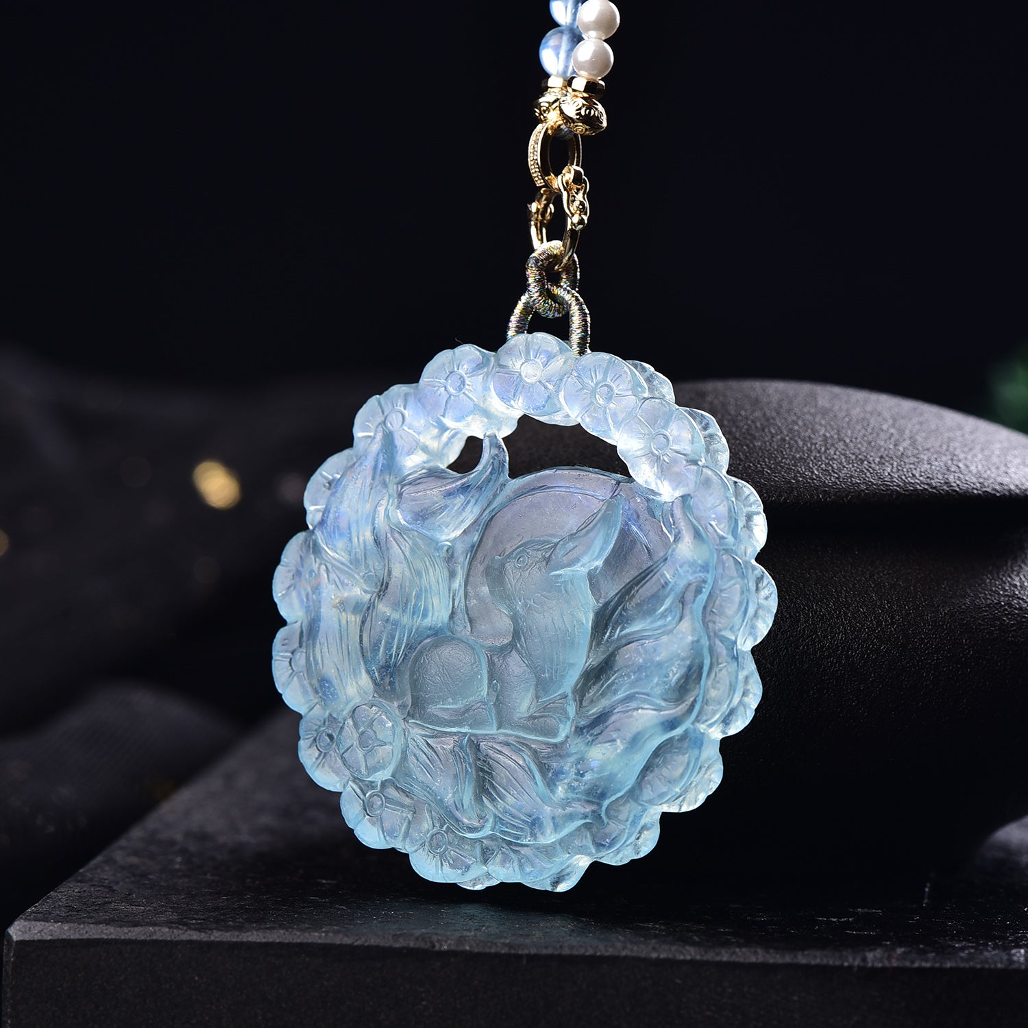 Natural Aquamarine Nine-Tailed Fox Pendant Hand-Carved Crystal Fox Necklace