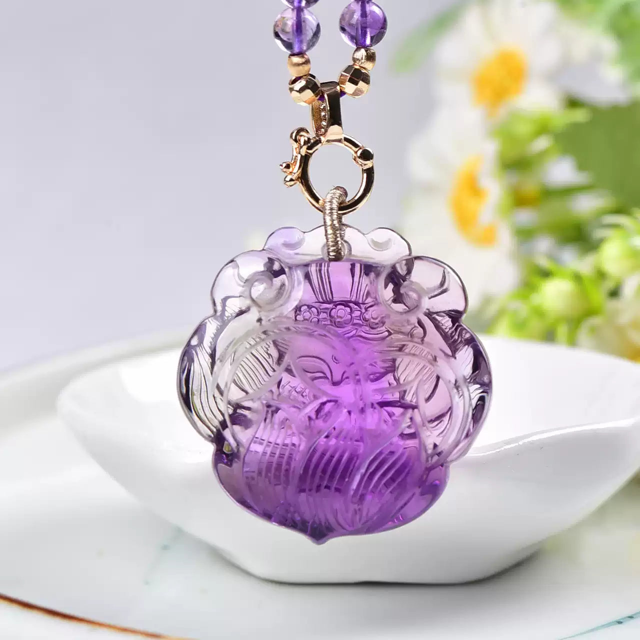 Natural Amethyst Nine-Tailed Fox Pendant Hand-Carved Purple Crystal Fox Necklace