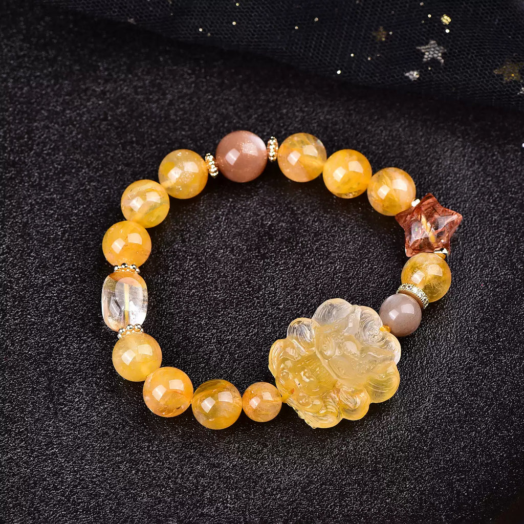 Natural Yellow Fluorite Nine-Tailed Fox Bracelet Handcrafted Crystal Fox Bead Bracelet