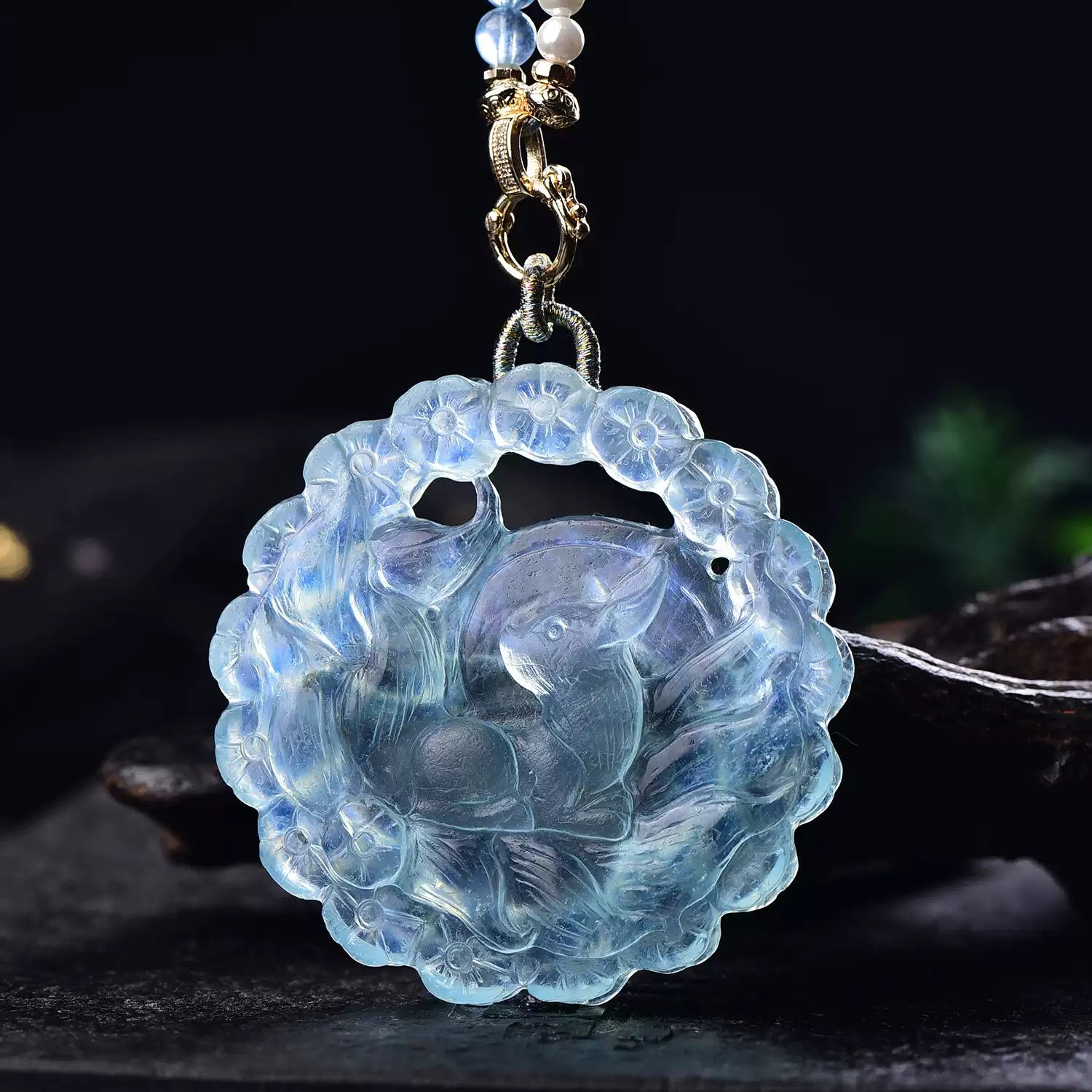 Natural Aquamarine Nine-Tailed Fox Pendant Hand-Carved Crystal Fox Necklace