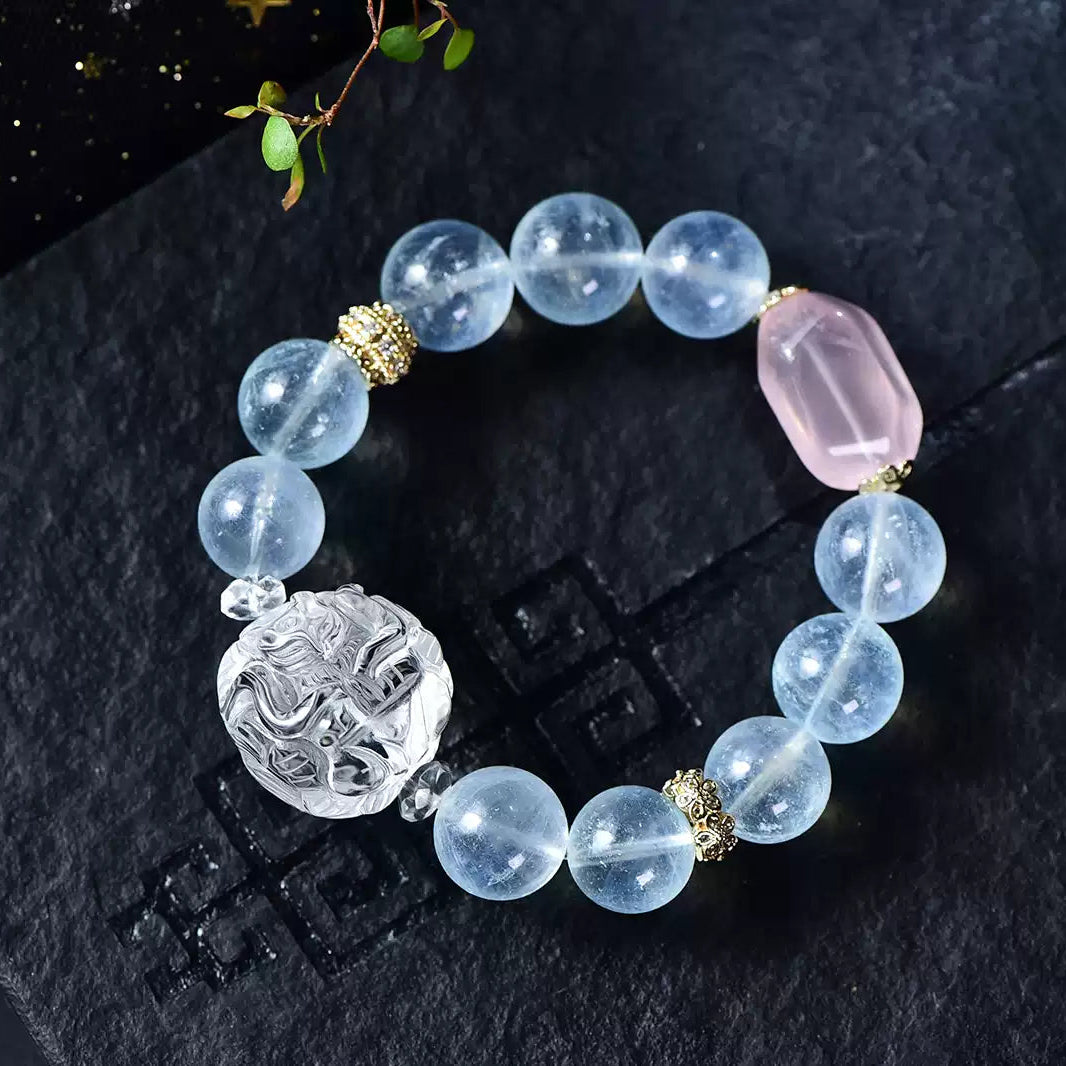 Natural Clear Quartz & Aquamarine Nine-Tailed Fox Bracelet Healing, Clarity & Spiritual Protection Amulet