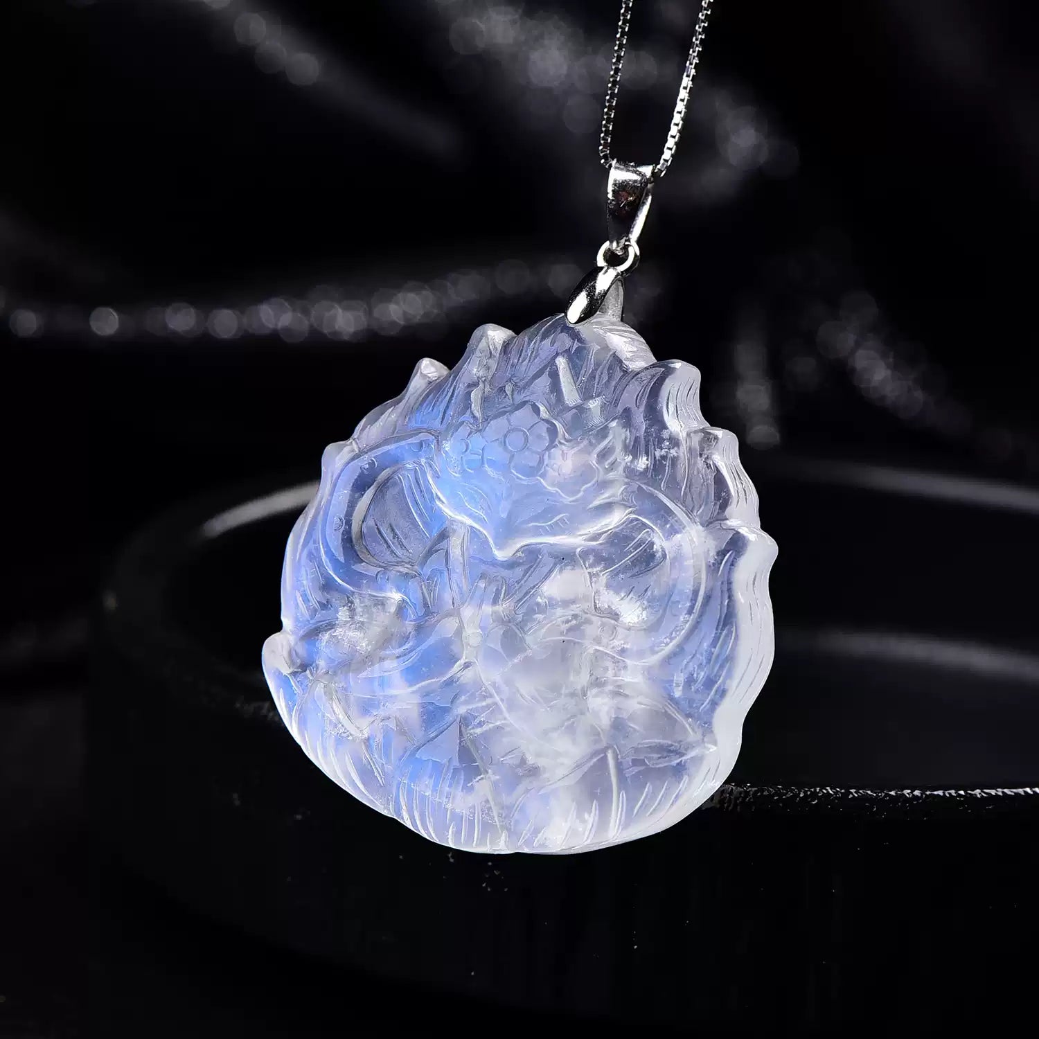 Natural Blue Moonstone Nine-Tailed Fox Pendant