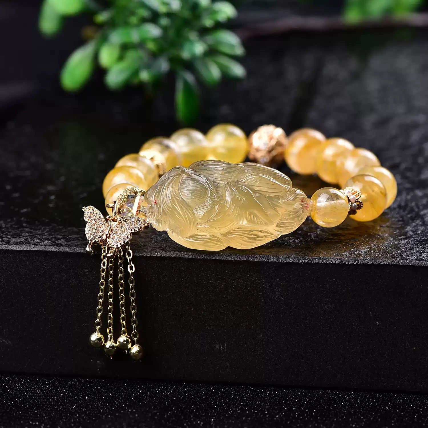 Natural Golden Rutilated Quartz Nine-Tailed Fox Bracelet Wealth Energy & Spiritual Protection Amulet