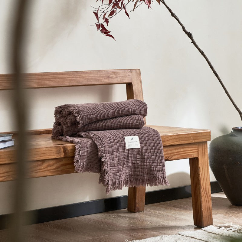 Vintage Solid Color Cotton Gauze Throw Blanket – 4-Layer Soft Fringed Blanket for Sofa & Nap