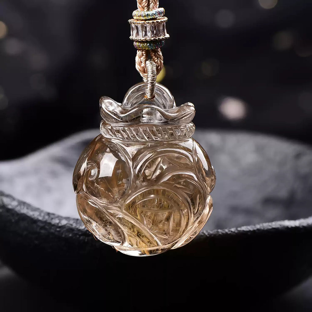 Natural Golden Rutilated Quartz Nine-Tailed Fox Pendant Hand-Carved Smoky Quartz Fox Necklace
