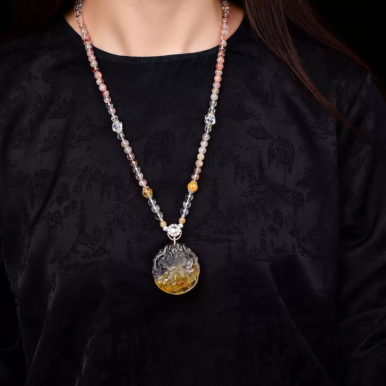 Natural Yellow Fluorite Nine-Tailed Fox Pendant  Hand-Carved Crystal Fox Necklace