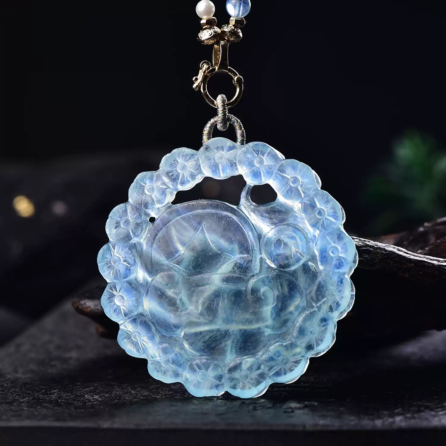 Natural Aquamarine Nine-Tailed Fox Pendant Hand-Carved Crystal Fox Necklace