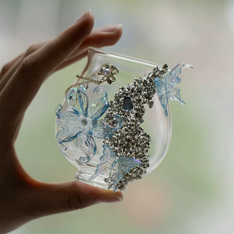 Handmade Flower & Butterfly Glass Fair Cup  Heat-Resistant Borosilicate Tea Pitcher  Crystal Floral Art Tea Sharing Cup